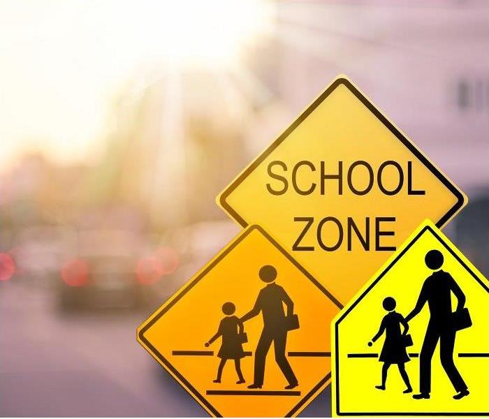 School zone signs on busy street; background blurred out