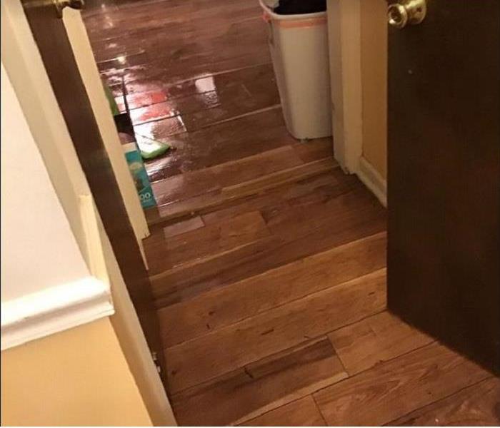 wet and water damaged hardwood floors in kitchen area and hallway